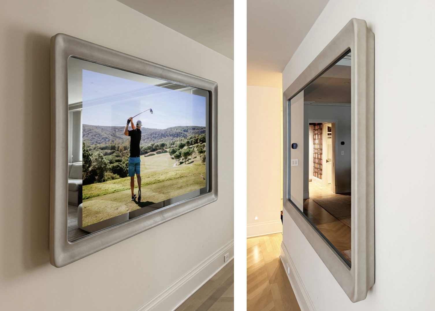 tv in mirror framed in leather swoop profile with two images showing concealed tv sides with tv mirror on and tv in mirror off