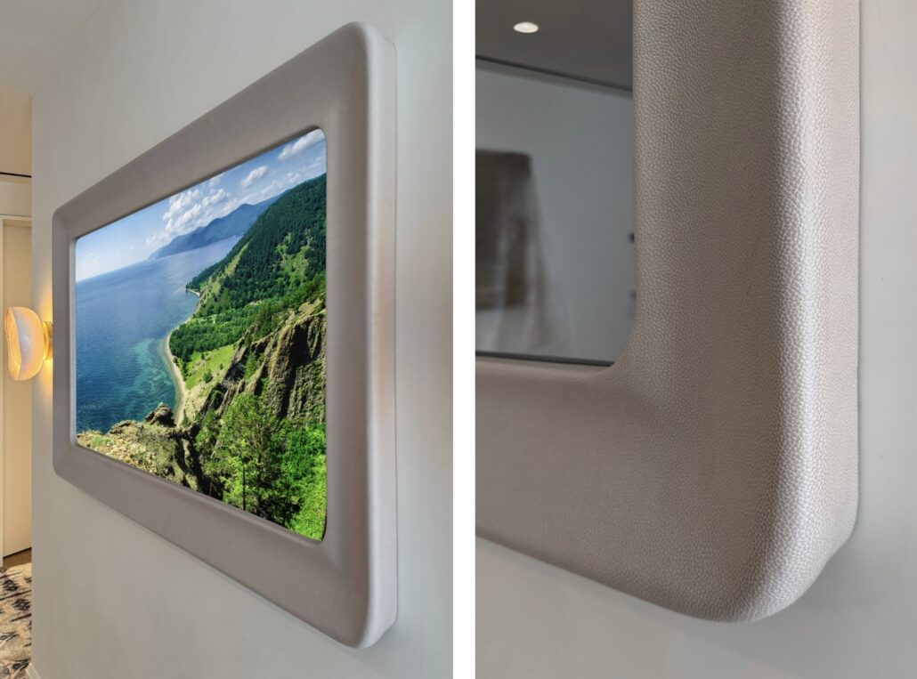 tv in mirror with leather tv frame in swoop profile, two images one close up of the side of the concealed tv and hidden tv frame corner closeup