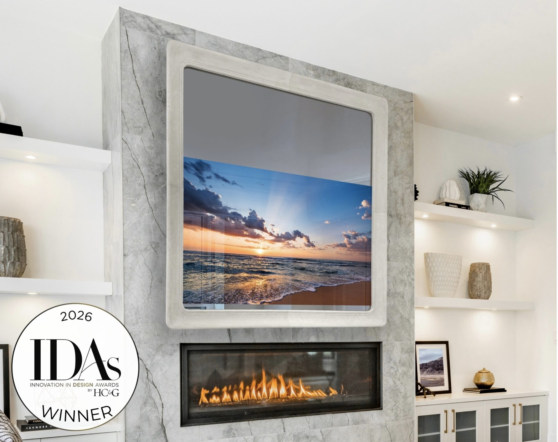 Gray Leather Framed Tv Mirror In Swoop Tv Frame Profile With Award Badge For Cottages And Gardens Innovation In Design Awards Winner