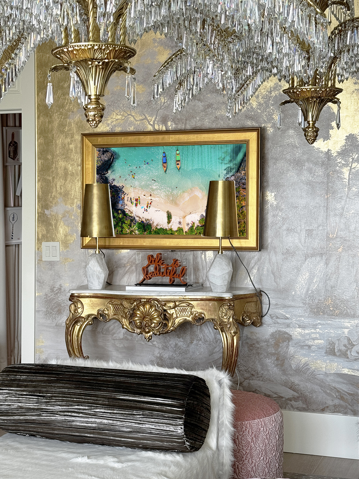 43in TV Mirror With A Prefinished Gold Frame Installed Over A Vintage Side Table