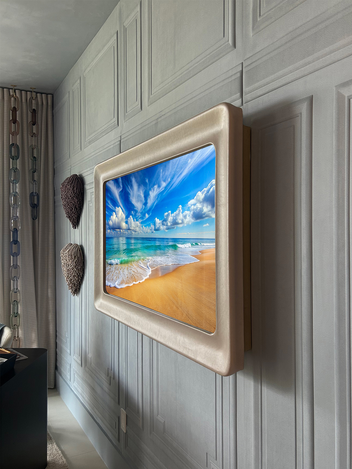 Leather Mirror Tv With A Rounded Corner Frame On Paneled Wall Florida Home