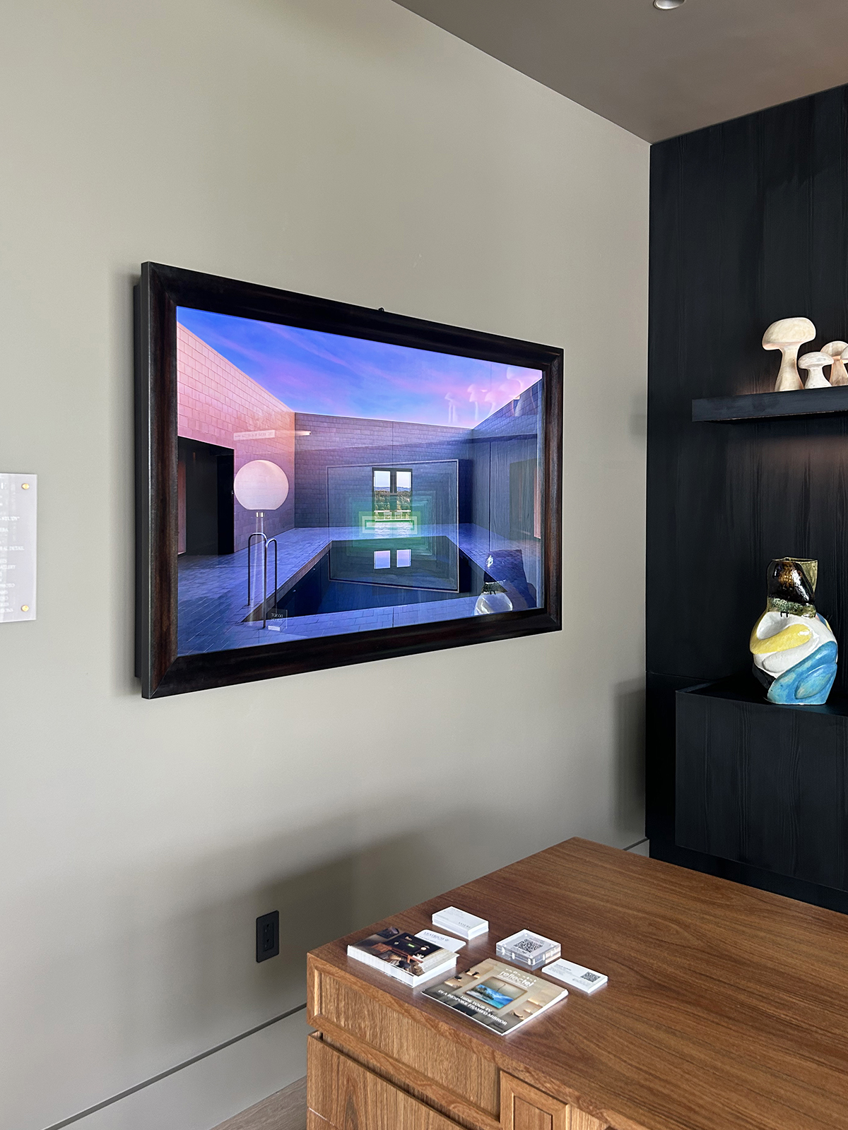 Dark Mahogany Wood Mirror Television Installed In Florida Home Office