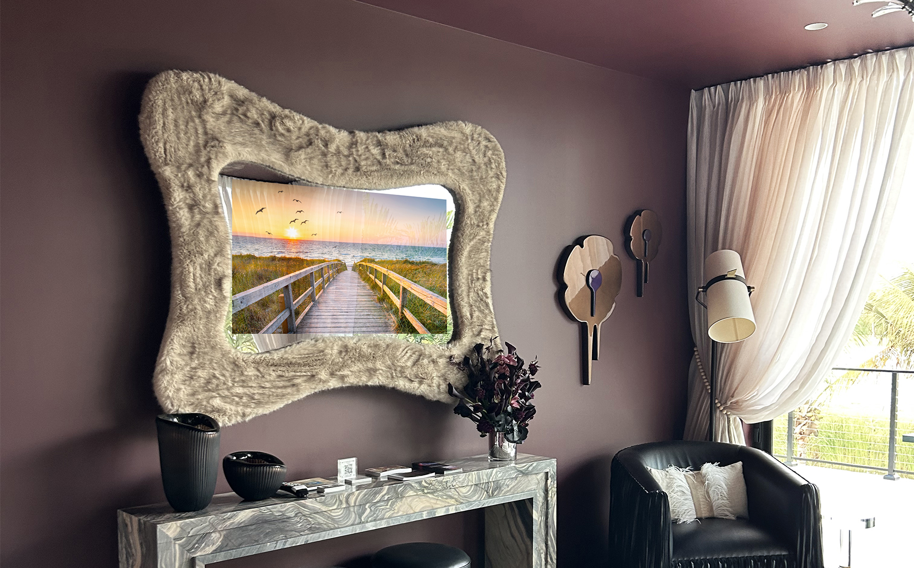 48" Serpentine Contour - Schumacher Faux Fur Mirror Tv On Dark Maroon Wall