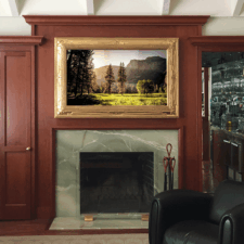 55" Landscape - Gilded Carved Traditional American Impressionist Style Mirror TV on Cherry panel wall in Philadelphia PA installed over marble fireplace
