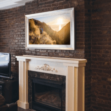 49" Landscape - Gilded Shaped bespoke gilded white gold landscape edge to edge highest quality television mirror installed over traditional fireplace