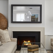 55" Landscape - Leather black supple bespoke custom leather mirror tv in high end new york home