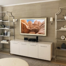 55" Landscape - Gilded Shaped the best mirror tv in nyc with custom gilded hand made frames over credenza