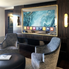 77" Landscape Plus Contour - Gilded Carved Rounded Corner sleek and minimal yellow gold contour mirror tv with rounded corners