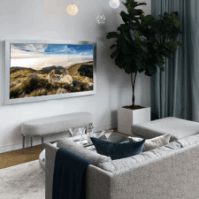 77" Landscape - Signature Elite Best 77 inch 4k television Hidden in Modern Great Room with grey interior New York City