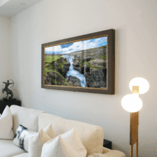 55" Landscape - Modern Wood Custom Painted Mirror tv with Benjamin Moore taupe and gold liner in model apartment NYC