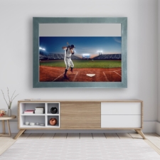 65" Landscape Plus - Custom Leather custom dyed blue leather framed television and high quality water white glass