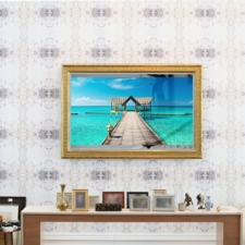 65" Landscape Plus - Gilded Carved Brooklyn NYC townhouse with museum quality hand carved Italian framed Samsung television custom sizing and gold finish with painted blue liner by Benjamin Moore