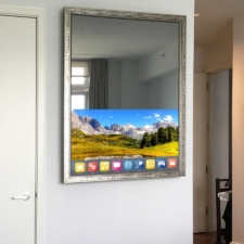 43" Portrait - Signature Carved silver signature carved frame for portrait orientation mirror tv in nyc bedroom