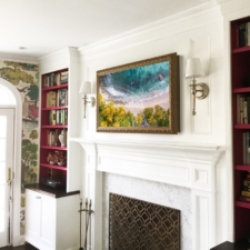50" Landscape - Signature Carved ornate framed samsung lg sony over a white fireplace and colorful living room