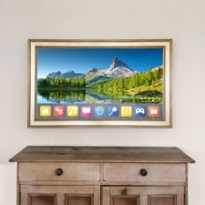 55" Landscape - Signature Shaped Long Island hidden television behind high transparency water white glass in bedroom for flawless TV viewing