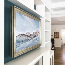 55" Landscape - Signature Shaped Modern silver custom built up Mirror TV Frame concealed television and clearest best quality tv mirror in living room in Westchester New York