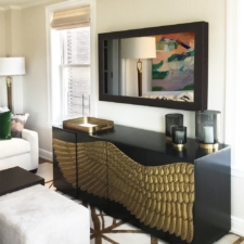 55" Landscape - Signature Metal Greenwich Connecticut by Nest Inspired Home in Reflectel Signature Series Oro Veined over Black frame with 50 inch Sony television over elegant family room credenza