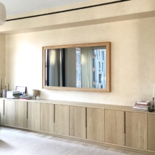 85" Landscape - Modern Wood Bespoke Flat Oak Step Frame in NoHo NYC 85 inch Samsung TV magically turns into a framed television AV by eHome