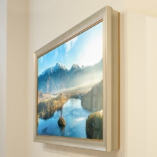 65" Landscape - Signature Shaped* Bergen Country New Jersey installation of elegant prefinished frame for economic solution to hiding Samsung TV behind flawless mirror