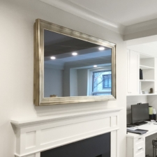 55" Landscape - Signature Shaped* Home Office hidden 55 inch Samsung tv mirror over white mantel fireplace in Chicago Illinois