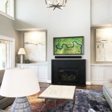 65" Landscape - Custom Finished Wood 65 inch edge to edge mirror television samsung sony lg and modern fireplace in country home Virginia