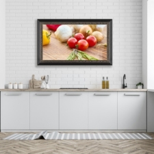 49" Landscape - Specialty Wood - San Diego California kitchen television concealment over sink cooking show with custom specialty wood frame