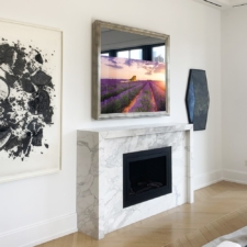 65" Square - Signature Shaped* silver framed tv over white marble fireplace mantel nyc
