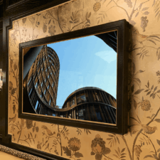 Barclays Center 65" Samsung The Frame - Signature Leatherette signature series black leather like frame with a complimentary gold liner