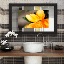 32" Landscape Plus - Specialty Wood bathroom mirror with small television hidden behind glass black specialty wood carvings