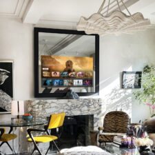 55" Square Plus - Signature Square - Robert Passal Interior Design square shaped mirror tv over marble mantel with a black frame