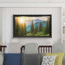 55" Landscape - Specialty Wood black pie crust carved wooden frame Mirror TV in living room