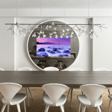 50" Circle Contour - White Leather the best circle contour mirror tv white leather in nyc dining room