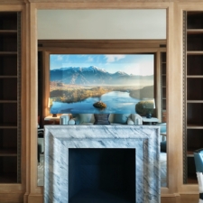 65" Square Plus - COM Millwork custom mirror tv recessed into fireplace wall over marble mantel