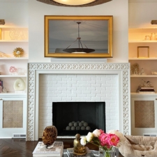 55" Landscape - Signature Shaped (SS4-G-O) Gold framed Mirror TV over white mantel