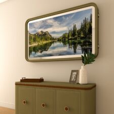 55” Rounded corner Leather over matching credenza (simulation) Mirror TV rendering with green and brown frame over a matching credenza