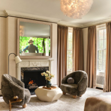 65" Square Mirror TV - Leather Swoop - Photo by: Thomas Loof - Interior: Fox-Nahem mirror tv with a rounded square shape over a mantel with a suede frame