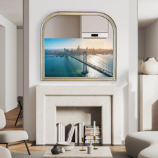 55" Arch Contour - Gilded Carved Incised Pattern San Francisco California arch framed tv mirror with silver gilded frame