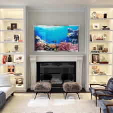 After: 83" Landscape Plus - Specialty Metal Recessed 83" Aluminum Painted Mirror TV after makeover turned on