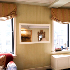 50" Landscape - Modern Wood - custom painted Benjamin Moore mirror tv with contemporary white wood frame installed in nyc living room