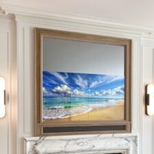 55" Square - Specialty Wood Oak w/ Soundbar Square TV Mirror with soundbar over fireplace