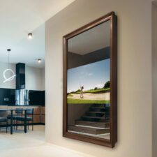 50" Portrait - Mahogany Wood tall portrait Mirror TV with a mahogany wood frame