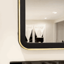 Leather - Rounded Corner w/ Gilded Trim rounded frame corner gilded edges and supple black bespoke leather over sleek modern fireplace mantel