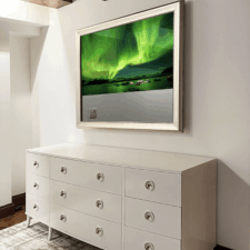 55" Square - Gilded Shaped shiny gilded white gold framed square concealed LG or Samsung television behind best quality glass in USA