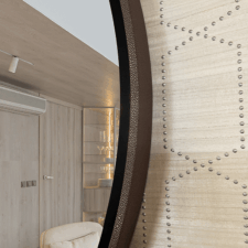 COM Vinyl on Circle Contour bronze vinyl on custom bespoke frame circle mirror tv and water white mirror
