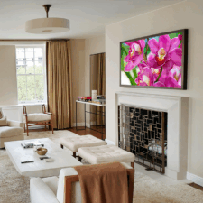 65" Landscape - Brushed Bronze Antique Metal Samsung the Frame metal bronze over mantel