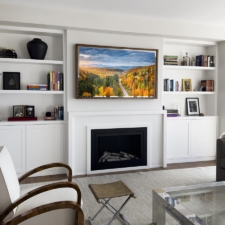 65" Landscape Plus - Birdeye Maple 65in thin wooden frame tv mirror over mantel nyc home