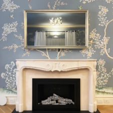 65" Landscape Orientation with White Gold Curved Shaped - TV off -Design by Tomas Santiago Gilded Frame in Silver with Curved Shaped Landscape Mirror over traditional fireplace