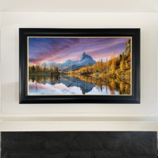 50" Landscape - Specialty Wood + Gilded Liner Black satin wood frame TV Mirror with gilded liner over fireplace