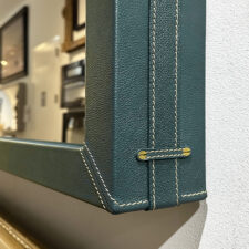 Edelman Leather - Pine AG49 Corner of Mirror TV with green leather and brass hardware with matching stitching