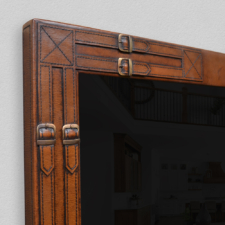 Leather with buckle details - L35 Brown leather framed TV with buckle details and dark stitching